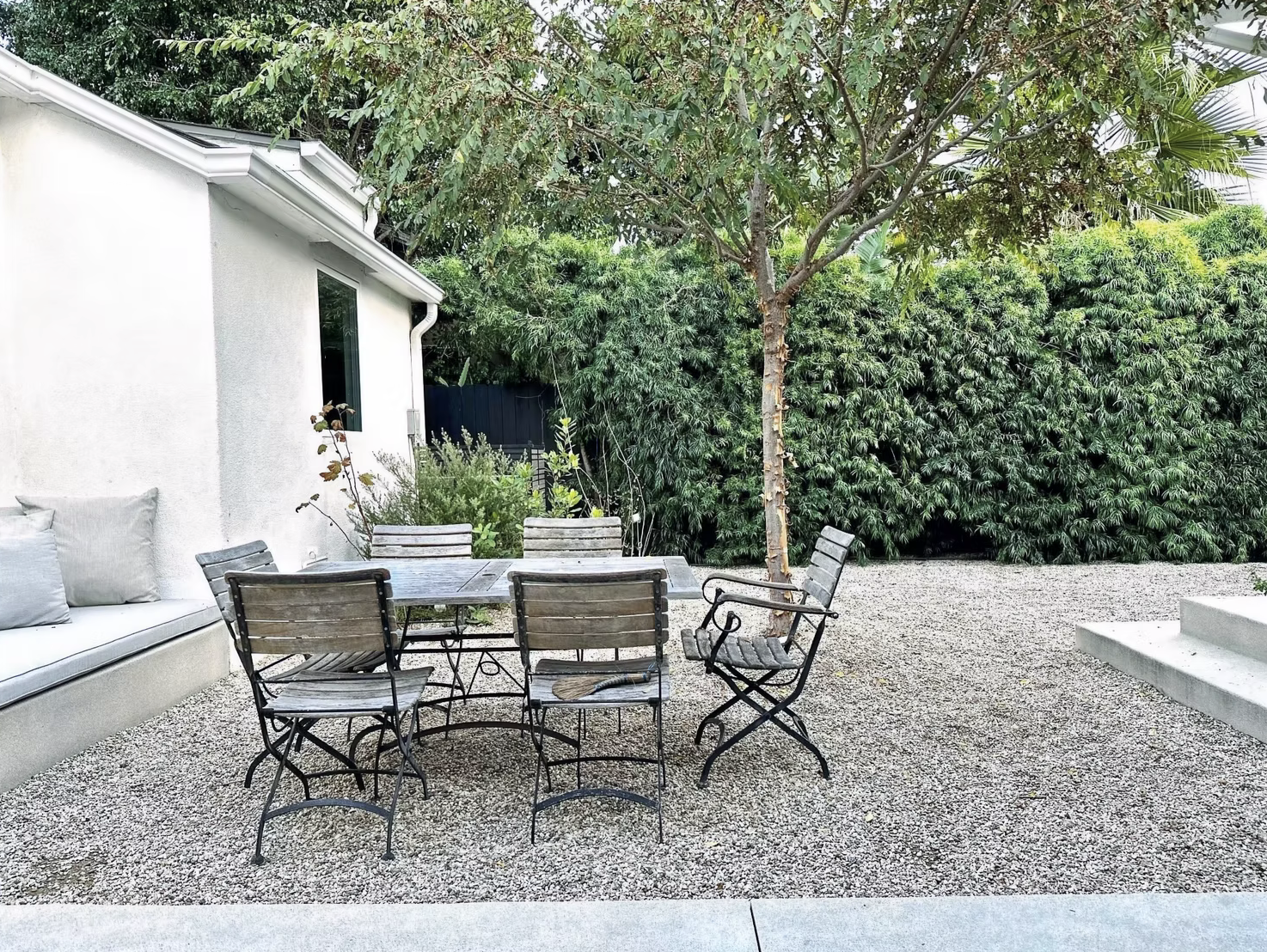 Courtyard garden with gravel, trees, and mixed plantings